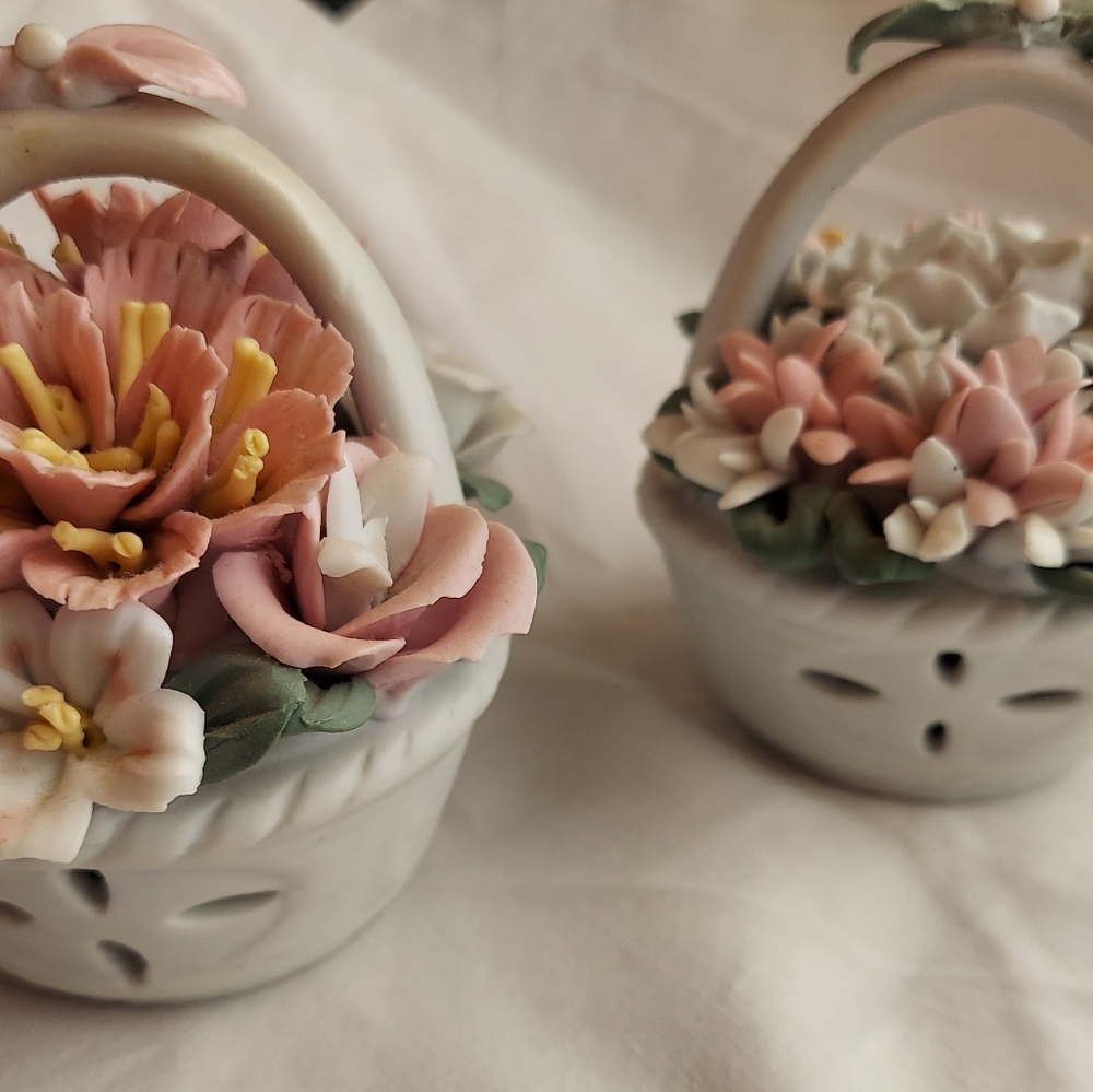 Vintage Small Ceramic Baskets (2) Delicate Colorful Flowers, Handle, Decorative - Picture 8 of 12